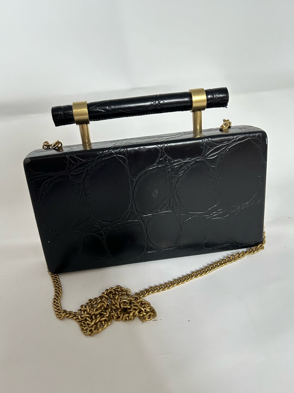 Zara Black Croc-Embossed Top-Handle Crossbody Bag with Gold Chain